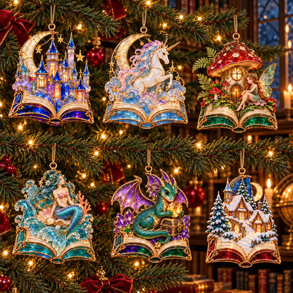 🎄 2026 Enchanted Storybook Christmas Ornaments – Set of 6 |  Stained Glass Fairy Tale Castle, Unicorn, Fairy, Mermaid, Dragon & Snowy Village Hanging Decorations | Magical Christmas Tree Ornaments & Fantasy Lover Gifts