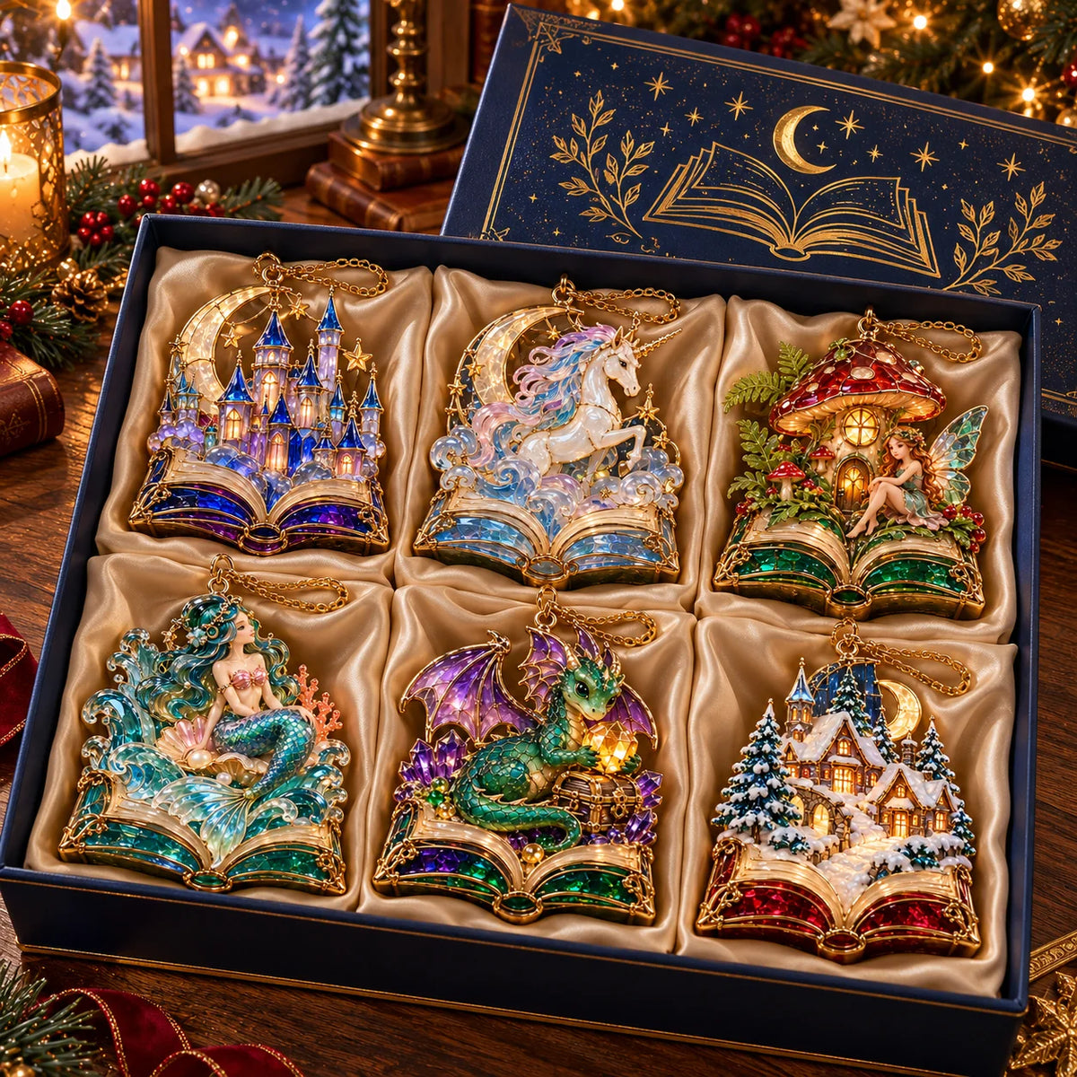 🎄 2026 Enchanted Storybook Christmas Ornaments – Set of 6 |  Stained Glass Fairy Tale Castle, Unicorn, Fairy, Mermaid, Dragon & Snowy Village Hanging Decorations | Magical Christmas Tree Ornaments & Fantasy Lover Gifts
