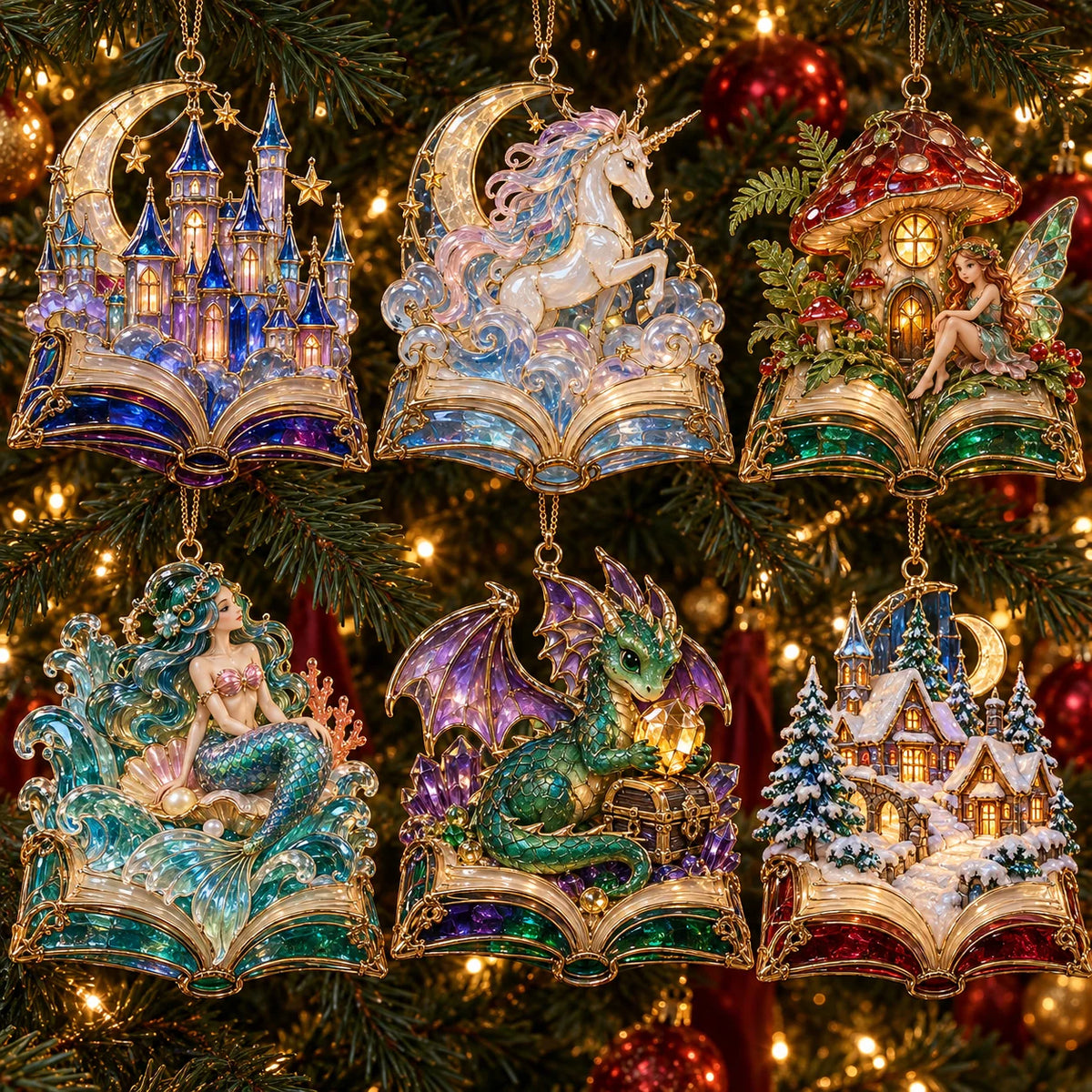 🎄 2026 Enchanted Storybook Christmas Ornaments – Set of 6 |  Stained Glass Fairy Tale Castle, Unicorn, Fairy, Mermaid, Dragon & Snowy Village Hanging Decorations | Magical Christmas Tree Ornaments & Fantasy Lover Gifts