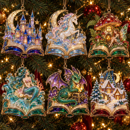 🎄 2026 Enchanted Storybook Christmas Ornaments – Set of 6 |  Stained Glass Fairy Tale Castle, Unicorn, Fairy, Mermaid, Dragon & Snowy Village Hanging Decorations | Magical Christmas Tree Ornaments & Fantasy Lover Gifts