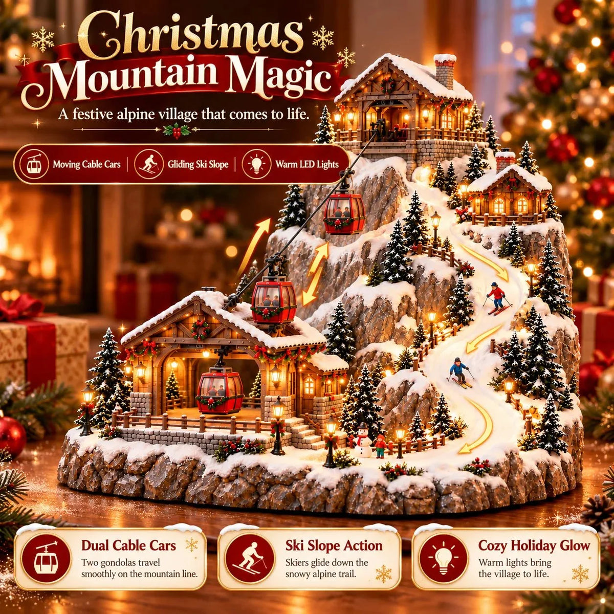 🔥LAST DAY 50% OFF-2026 Animated Christmas Mountain Cable Car & Ski Village Scene ✨
