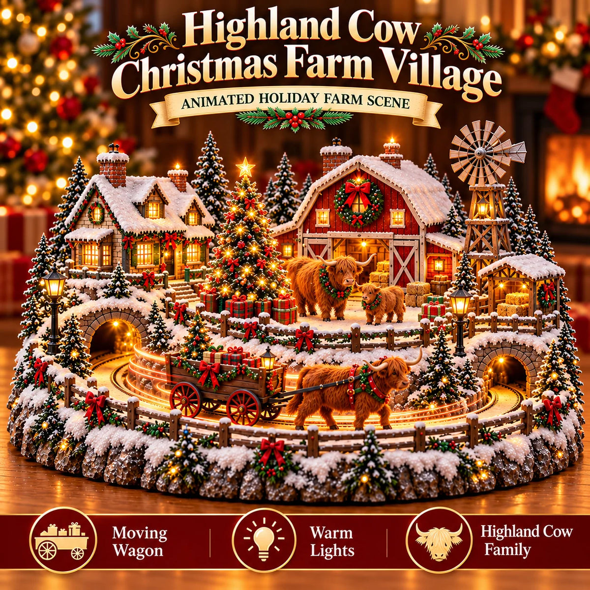 🐮🎄 Highland Cow Christmas Village – Lighted Farmhouse & Festive Holiday Décor ✨