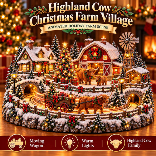 🐮🎄 Highland Cow Christmas Village – Lighted Farmhouse & Festive Holiday Décor ✨