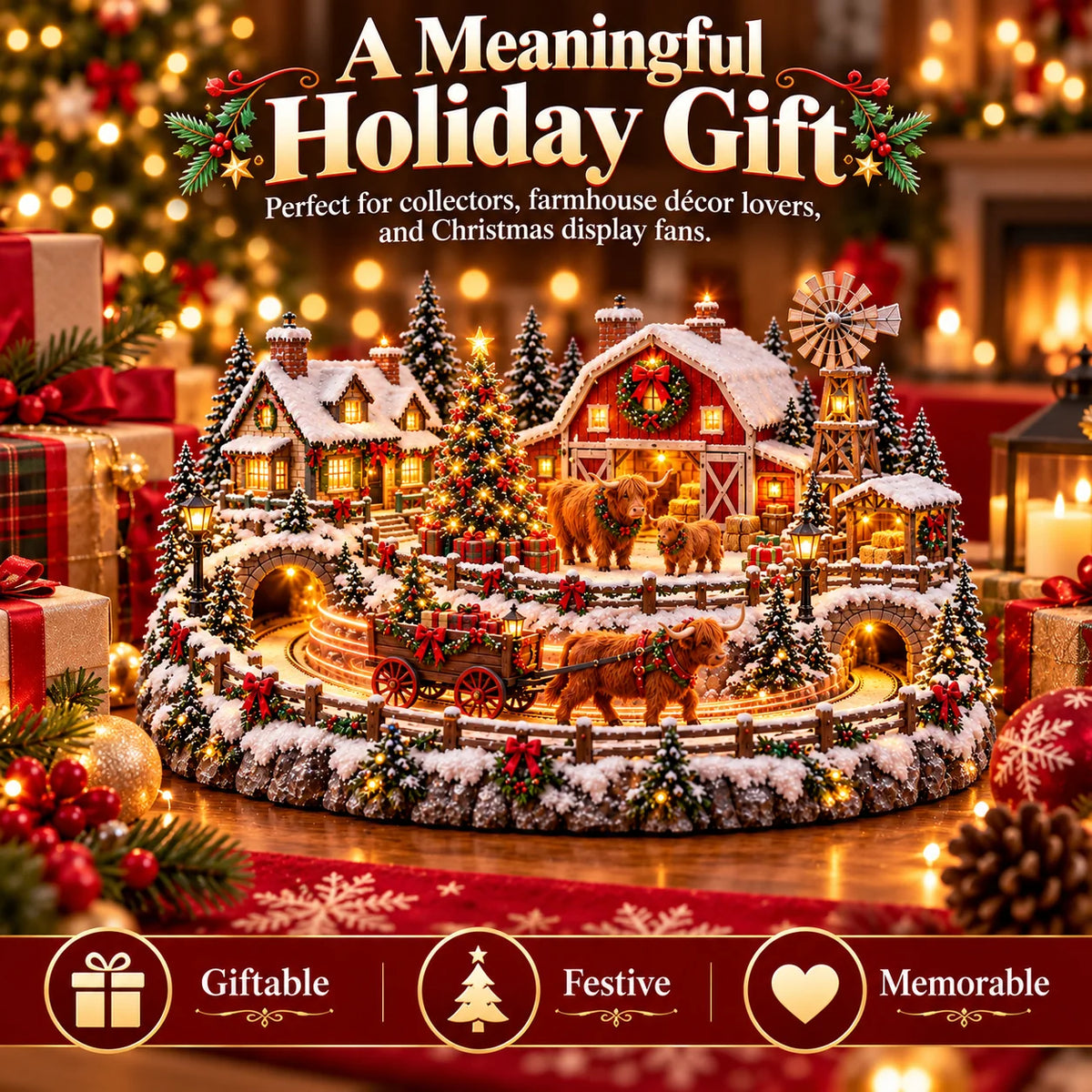 🐮🎄 Highland Cow Christmas Village – Lighted Farmhouse & Festive Holiday Décor ✨