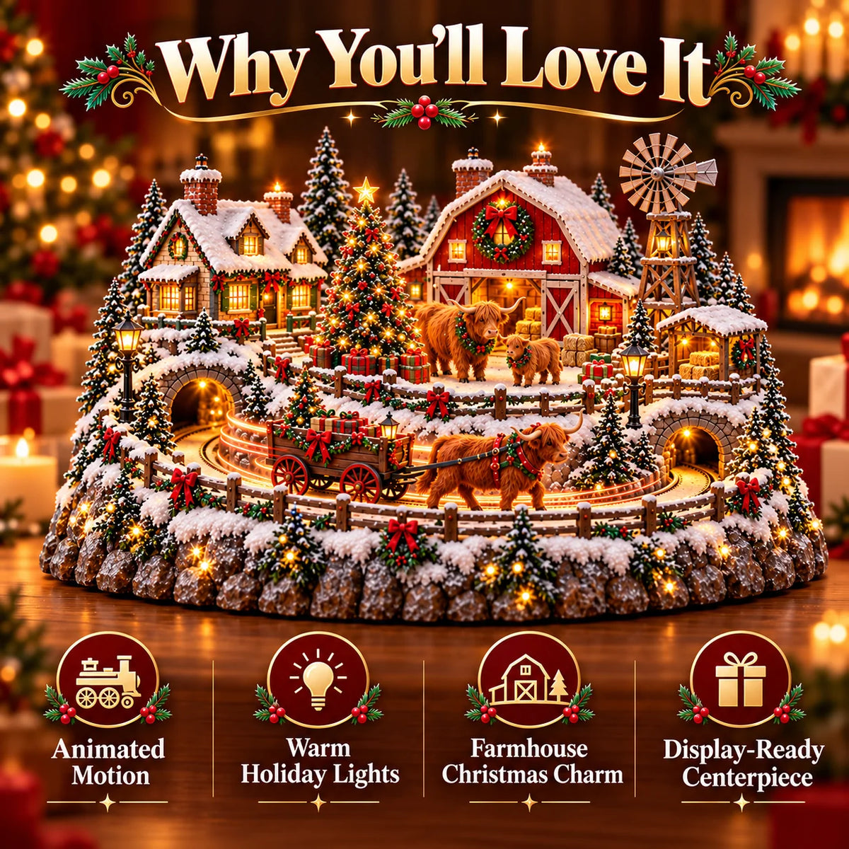 🐮🎄 Highland Cow Christmas Village – Lighted Farmhouse & Festive Holiday Décor ✨