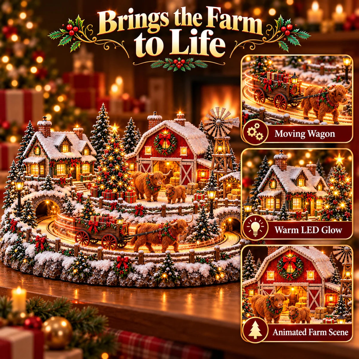 🐮🎄 Highland Cow Christmas Village – Lighted Farmhouse & Festive Holiday Décor ✨