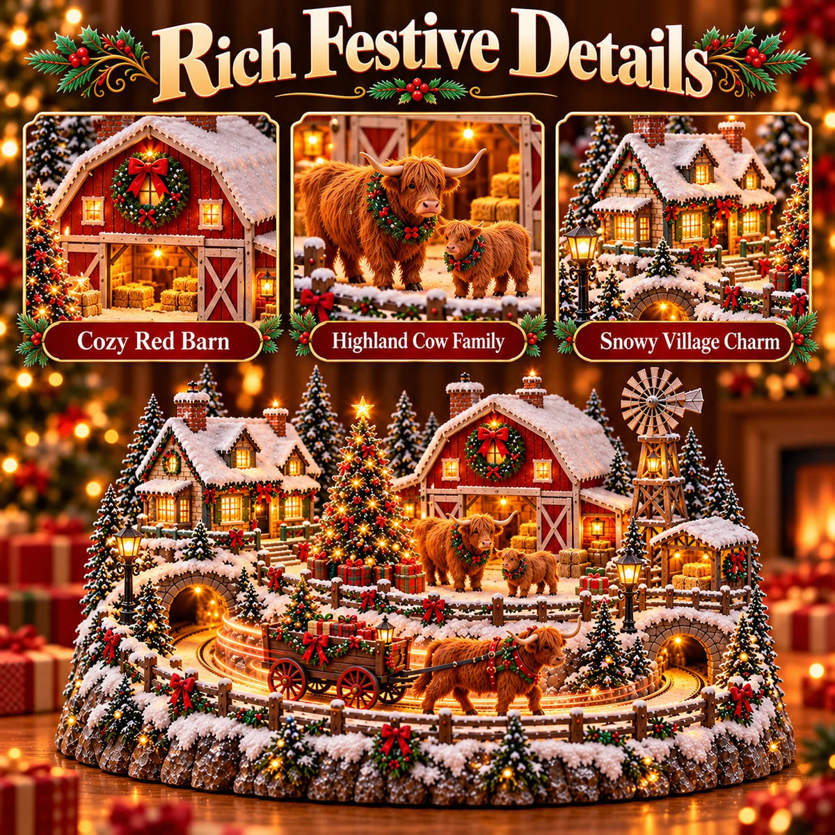 🐮🎄 Highland Cow Christmas Village – Lighted Farmhouse & Festive Holiday Décor ✨