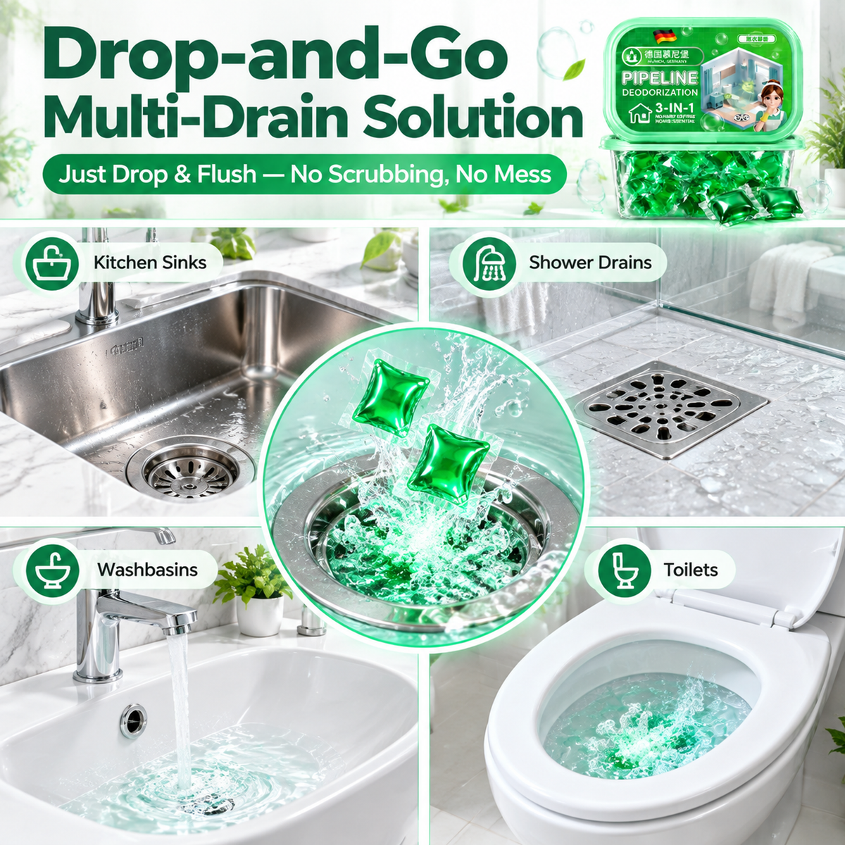 Bio-Enzyme Drain Cleaning Pods – Odor Control & Pipe Care for Kitchen, Bathroom & Toilet