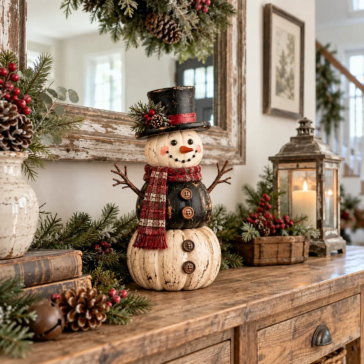 ☃️ Vintage Pumpkin Snowman Duo – Rustic Black & Ivory Farmhouse Christmas Figurines