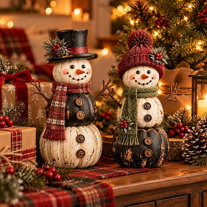 ☃️ Vintage Pumpkin Snowman Duo – Rustic Black & Ivory Farmhouse Christmas Figurines