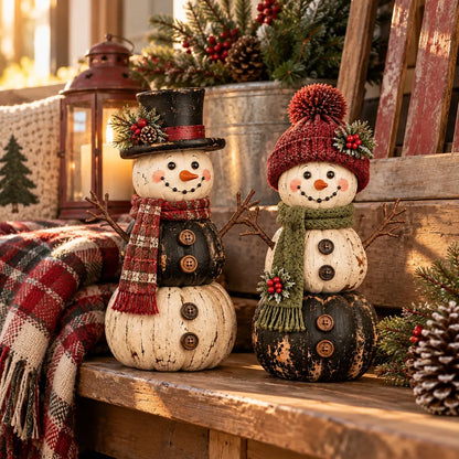 ☃️ Vintage Pumpkin Snowman Duo – Rustic Black & Ivory Farmhouse Christmas Figurines