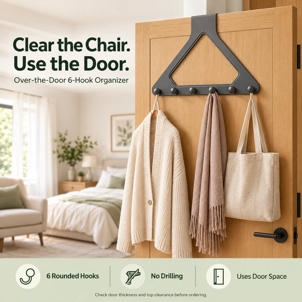 🏡🚪 Over-the-Door 6-Hook Organizer – No-Drill Triangle Rack for Clothes, Towels, Hats & Bags