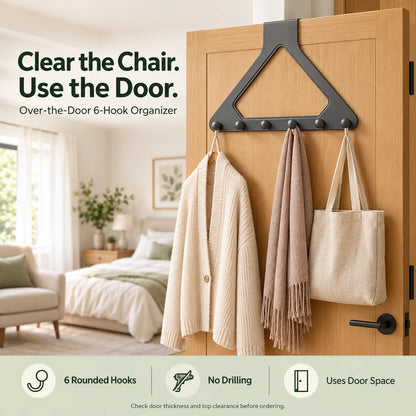 🏡🚪 Over-the-Door 6-Hook Organizer – No-Drill Triangle Rack for Clothes, Towels, Hats & Bags