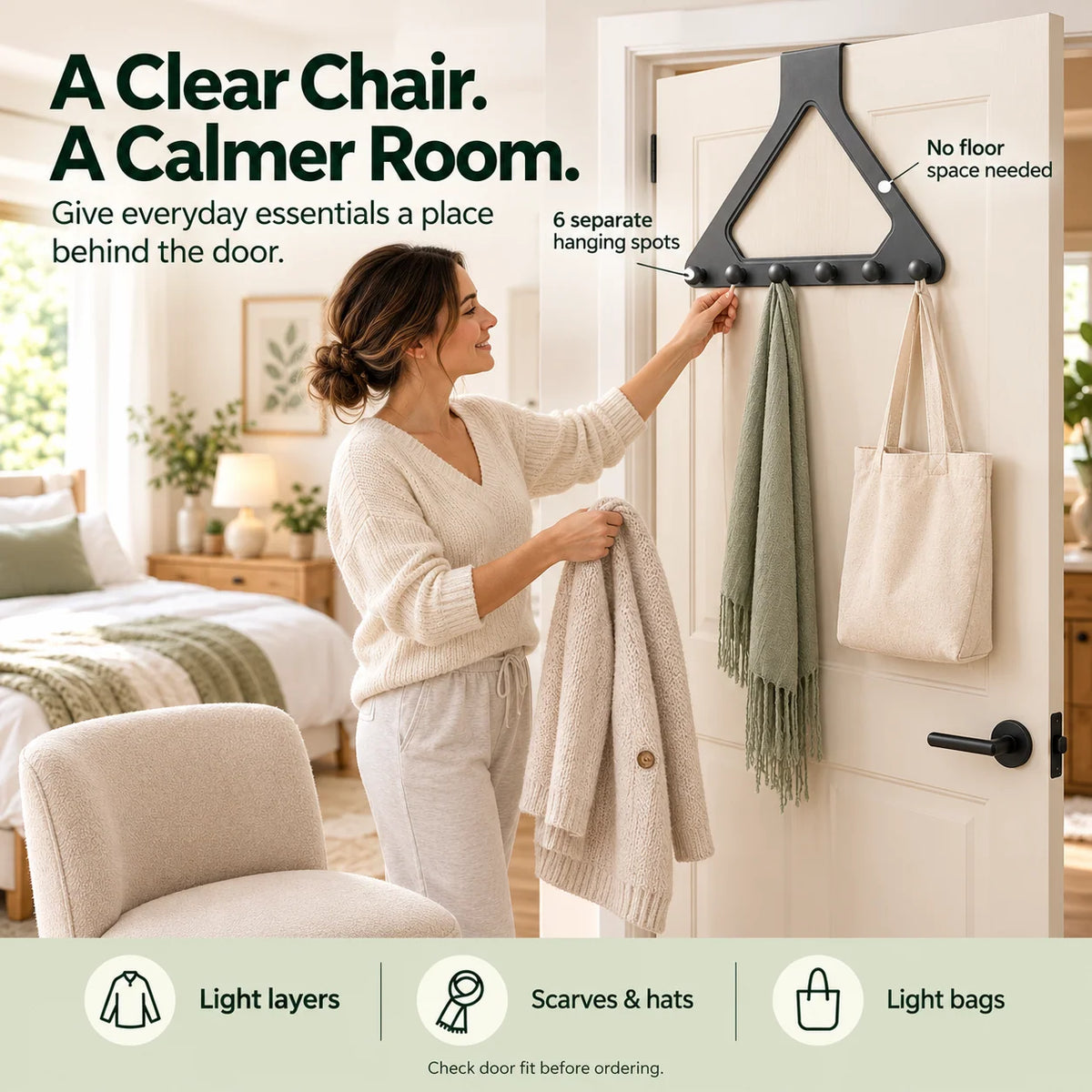 🏡🚪 Over-the-Door 6-Hook Organizer – No-Drill Triangle Rack for Clothes, Towels, Hats & Bags