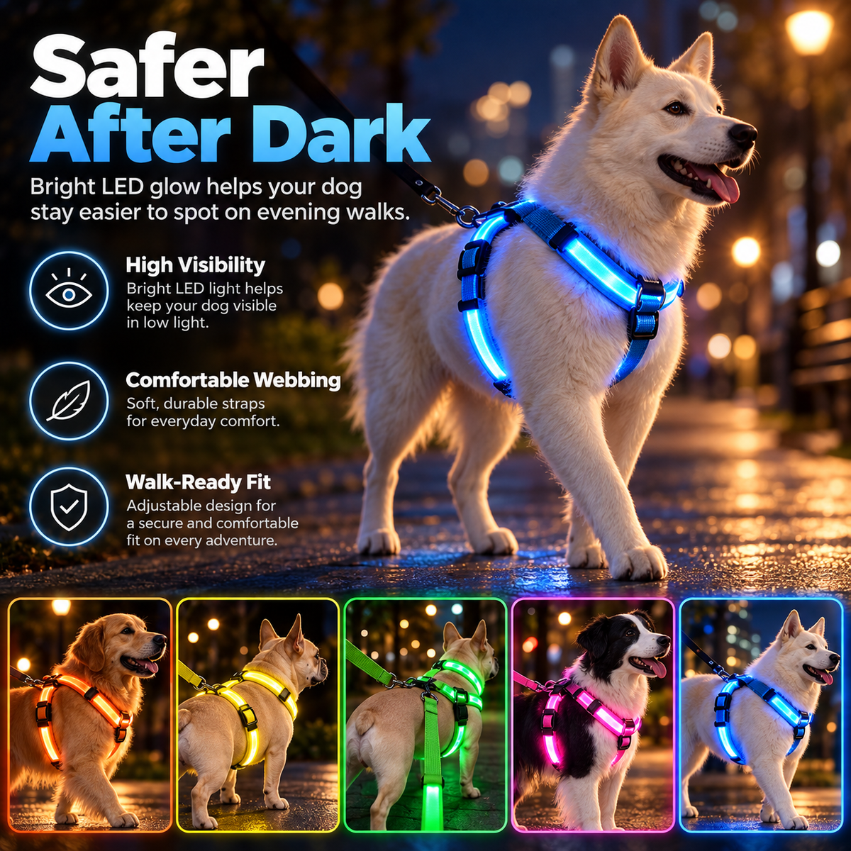 💡✨Rechargeable LED Dog Harness & Collar🐕‍🦺Light-Up Night Walking Gear