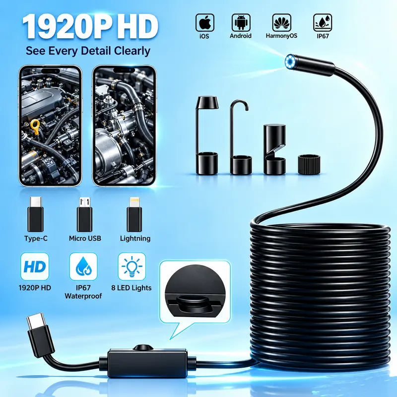 🔍 📱1920×1440 HD Endoscope Camera – 3.5M Semi-Rigid Cable, 8 Adjustable LED Lights & IP67 Waterproof Probe