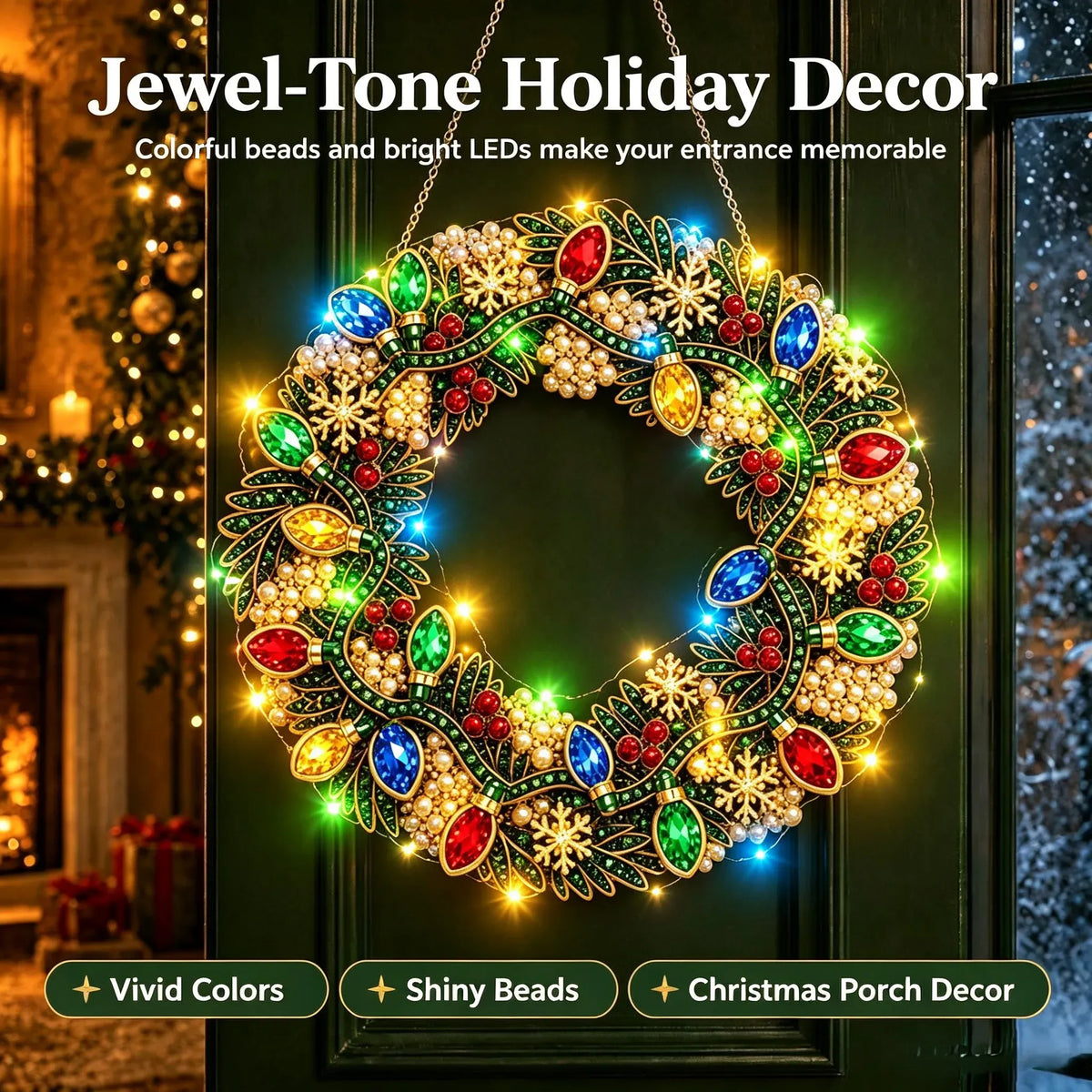 DIY Christmas LED Diamond Painting Wreath | Light-Catching Pearl Beaded Hanging Ornament Kit | Premium Holiday Door Wall Art Decor for Christmas Home & Handcraft Gift