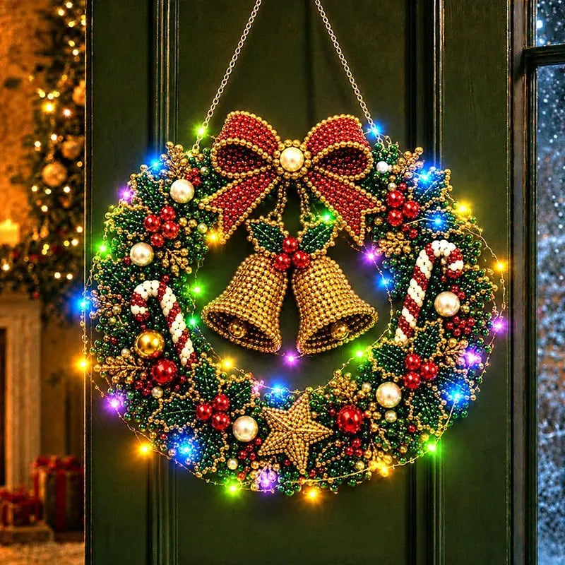 DIY Christmas LED Diamond Painting Wreath | Light-Catching Pearl Beaded Hanging Ornament Kit | Premium Holiday Door Wall Art Decor for Christmas Home & Handcraft Gift