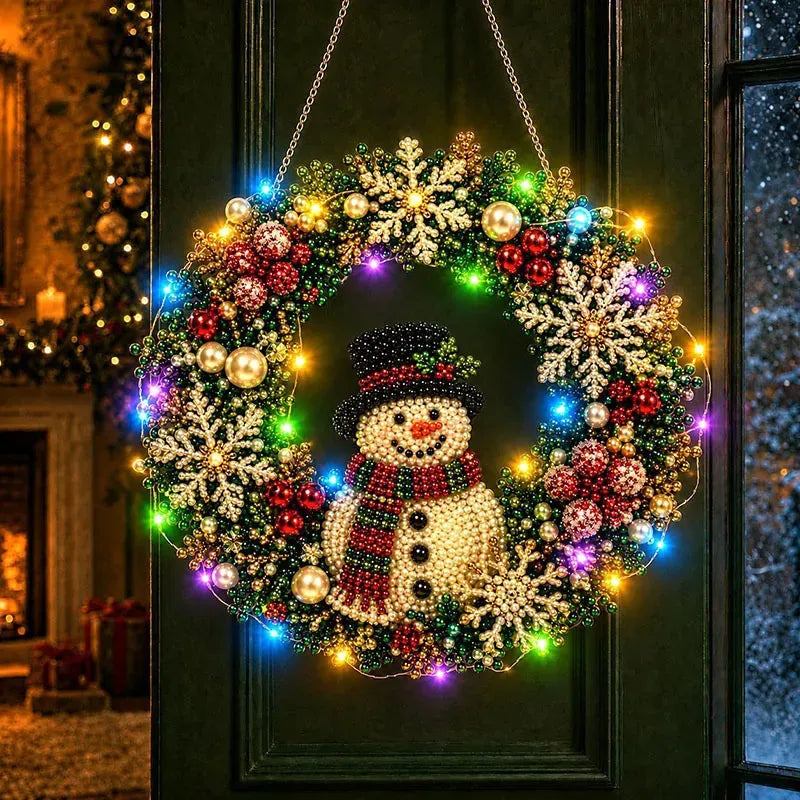 DIY Christmas LED Diamond Painting Wreath | Light-Catching Pearl Beaded Hanging Ornament Kit | Premium Holiday Door Wall Art Decor for Christmas Home & Handcraft Gift