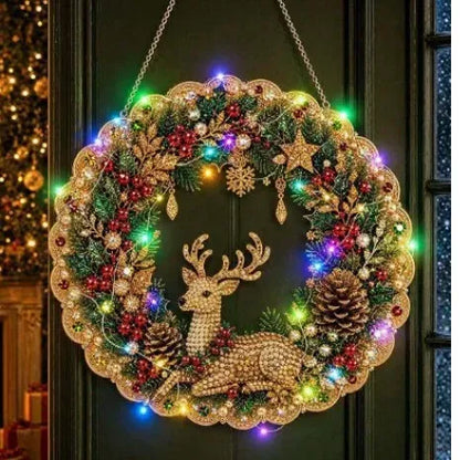 DIY Christmas LED Diamond Painting Wreath | Light-Catching Pearl Beaded Hanging Ornament Kit | Premium Holiday Door Wall Art Decor for Christmas Home & Handcraft Gift