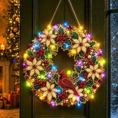 DIY Christmas LED Diamond Painting Wreath | Light-Catching Pearl Beaded Hanging Ornament Kit | Premium Holiday Door Wall Art Decor for Christmas Home & Handcraft Gift
