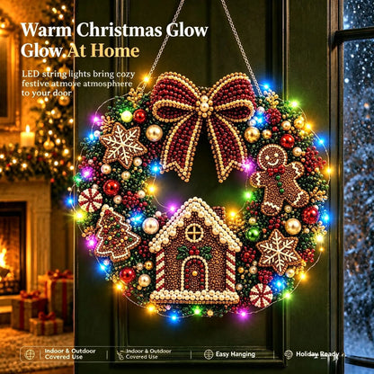 DIY Christmas LED Diamond Painting Wreath | Light-Catching Pearl Beaded Hanging Ornament Kit | Premium Holiday Door Wall Art Decor for Christmas Home & Handcraft Gift