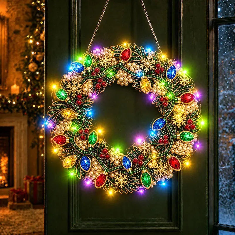 DIY Christmas LED Diamond Painting Wreath | Light-Catching Pearl Beaded Hanging Ornament Kit | Premium Holiday Door Wall Art Decor for Christmas Home & Handcraft Gift
