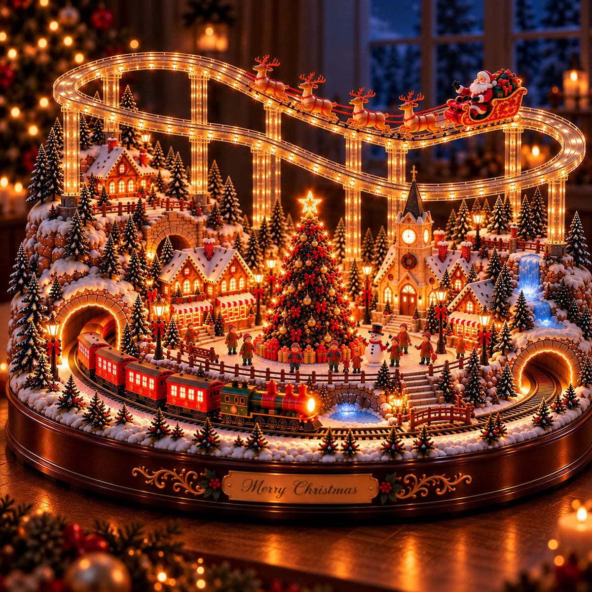 🎅🎄 Santa’s Magical Christmas Village – Animated Flying Sleigh & Holiday Train with Warm LED Lights ✨