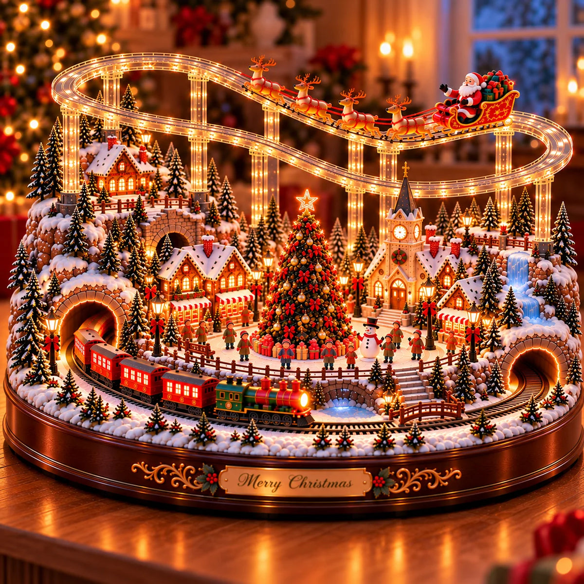 🎅🎄 Santa’s Magical Christmas Village – Animated Flying Sleigh & Holiday Train with Warm LED Lights ✨