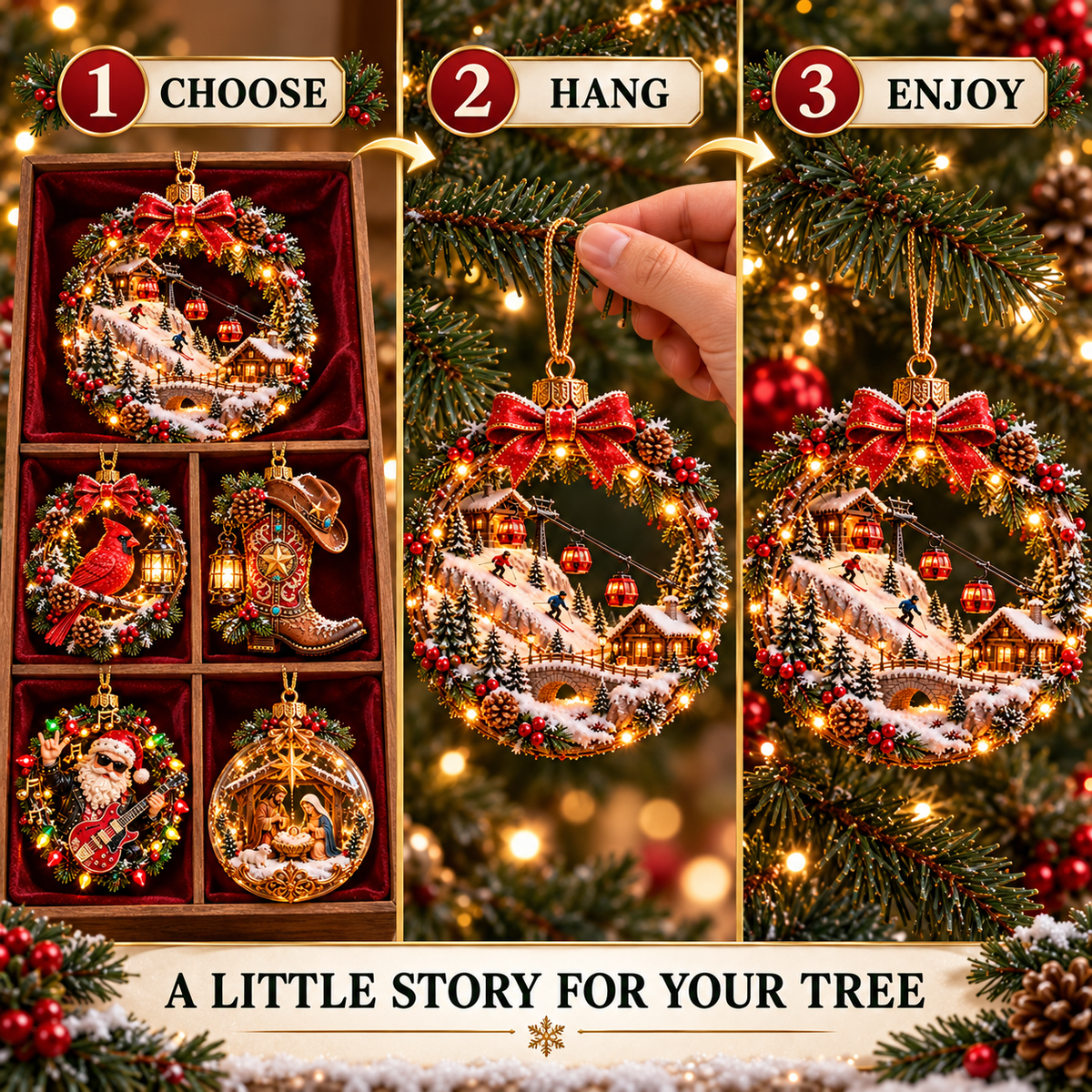 🎄✨ Christmas Worlds Collection – Skiing, Cardinal, Western, Rock Santa & Nativity 3D Tree Ornaments 🎁