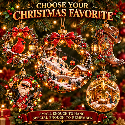 🎄✨ Christmas Worlds Collection – Skiing, Cardinal, Western, Rock Santa & Nativity 3D Tree Ornaments 🎁