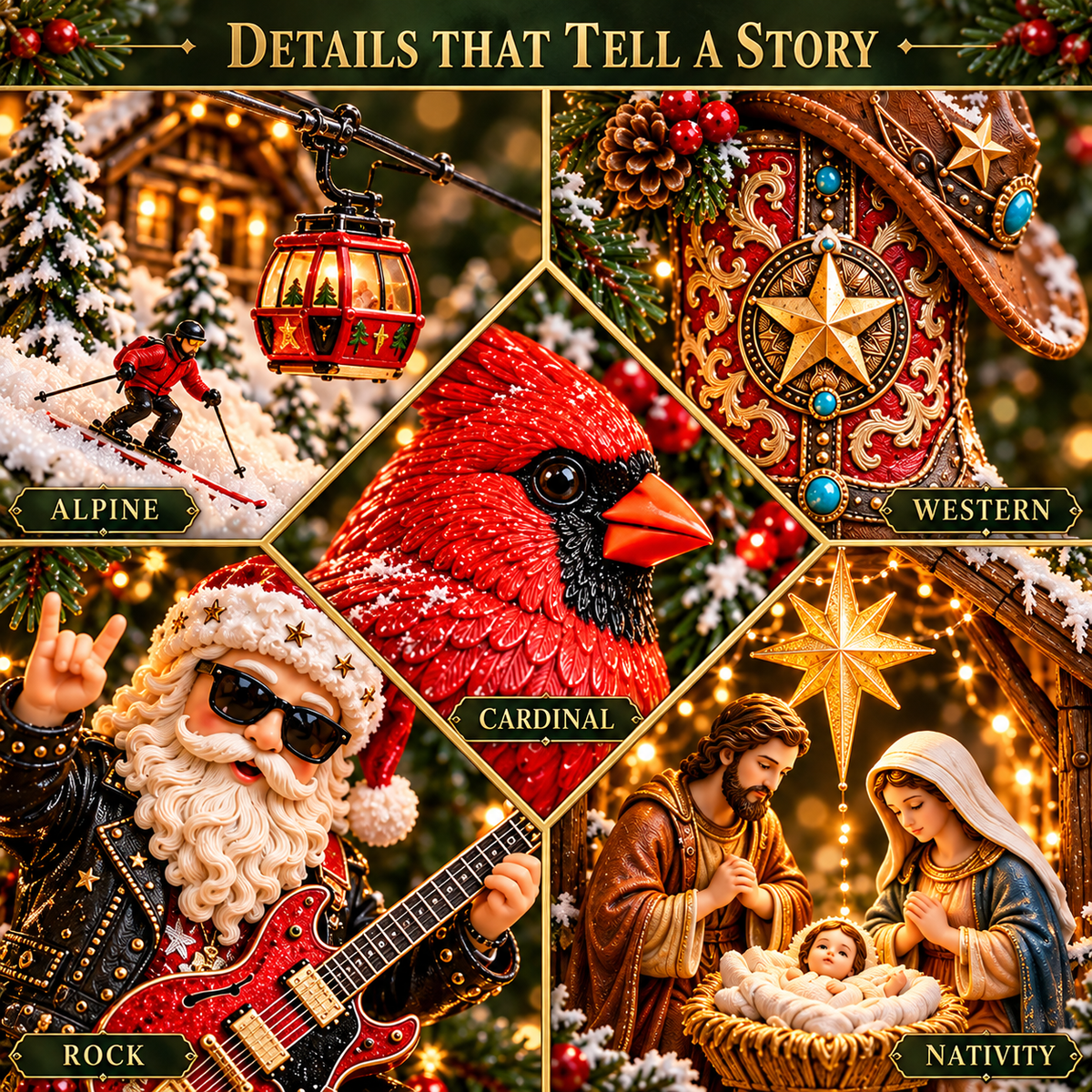 🎄✨ Christmas Worlds Collection – Skiing, Cardinal, Western, Rock Santa & Nativity 3D Tree Ornaments 🎁