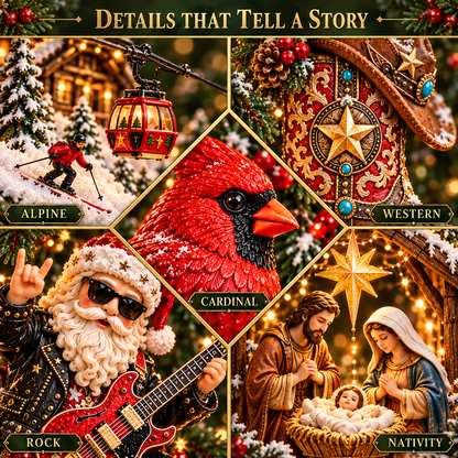 🎄✨ Christmas Worlds Collection – Skiing, Cardinal, Western, Rock Santa & Nativity 3D Tree Ornaments 🎁