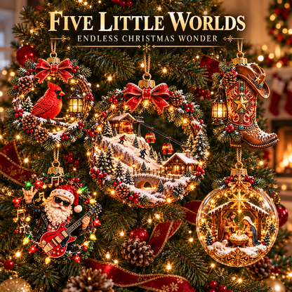 🎄✨ Christmas Worlds Collection – Skiing, Cardinal, Western, Rock Santa & Nativity 3D Tree Ornaments 🎁