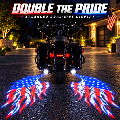 🏍️ RIDE WITH PRIDE! American Flag Motorcycle Ground Projector – Dual Flag Display, Red White & Blue Night Glow & Ultimate Patriotic Biker Style 🦅✨
