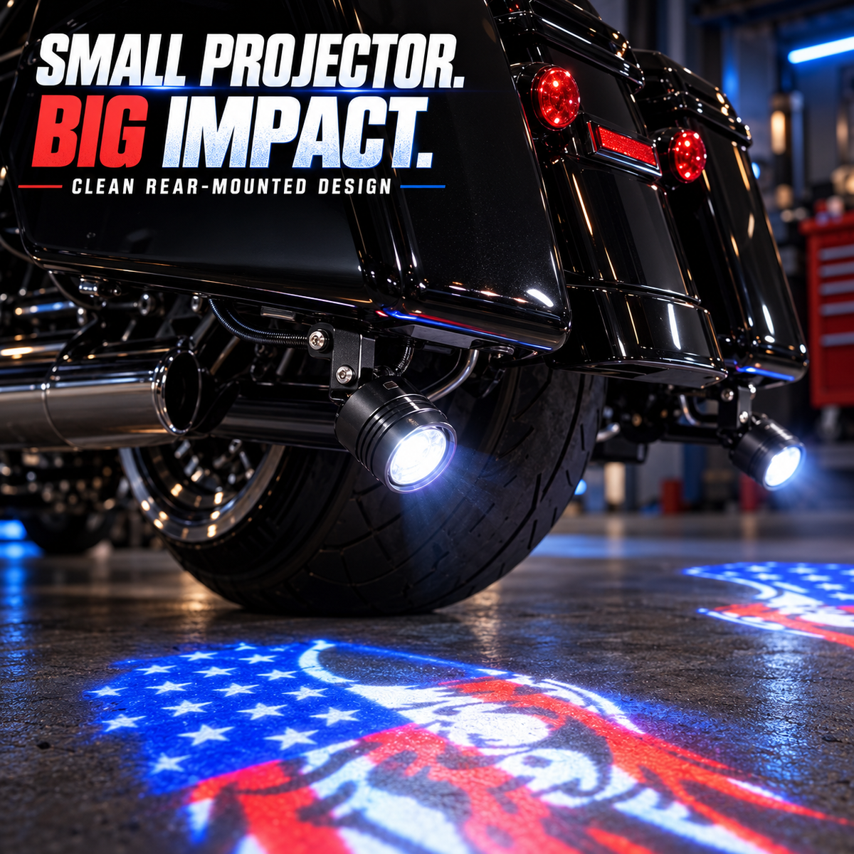 🏍️ RIDE WITH PRIDE! American Flag Motorcycle Ground Projector – Dual Flag Display, Red White & Blue Night Glow & Ultimate Patriotic Biker Style 🦅✨