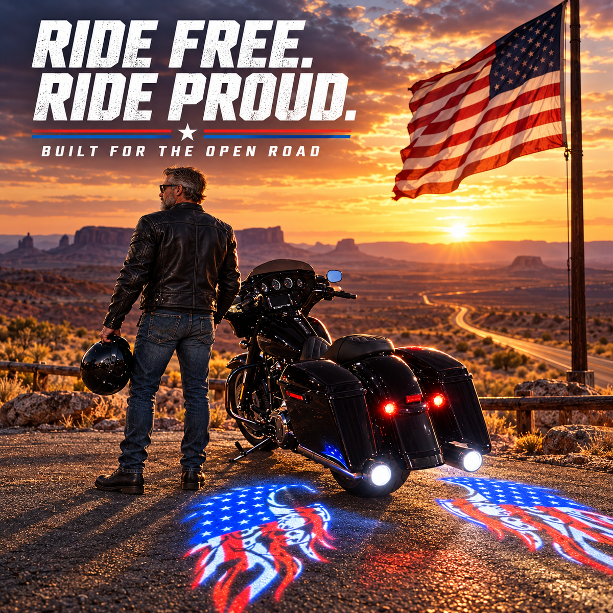 🏍️ RIDE WITH PRIDE! American Flag Motorcycle Ground Projector – Dual Flag Display, Red White & Blue Night Glow & Ultimate Patriotic Biker Style 🦅✨