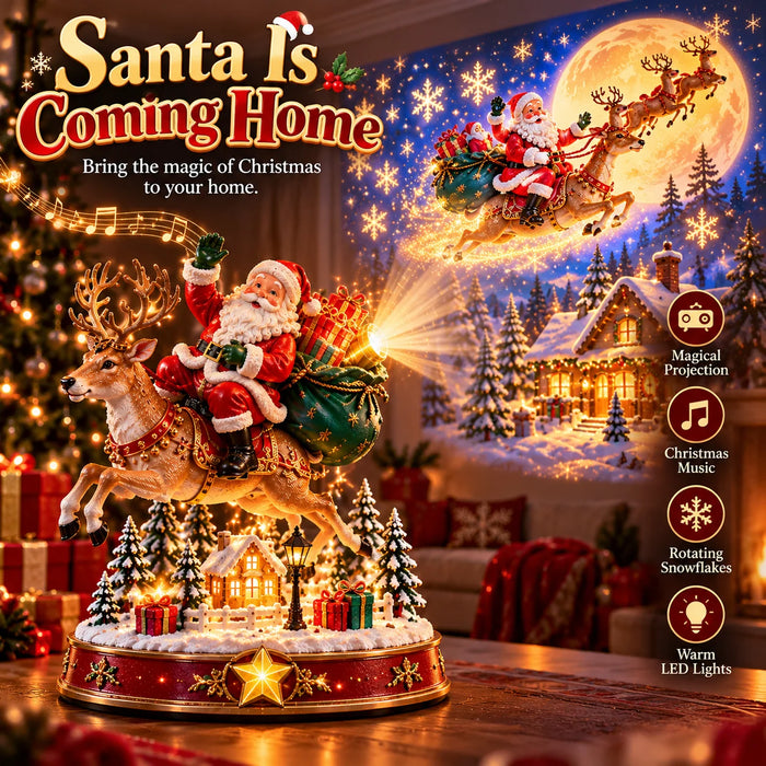🎅✨ Santa’s Magical Christmas Arrival – Lighted Reindeer Figurine with Christmas Music, Magical Projection & Snowy Village Scene