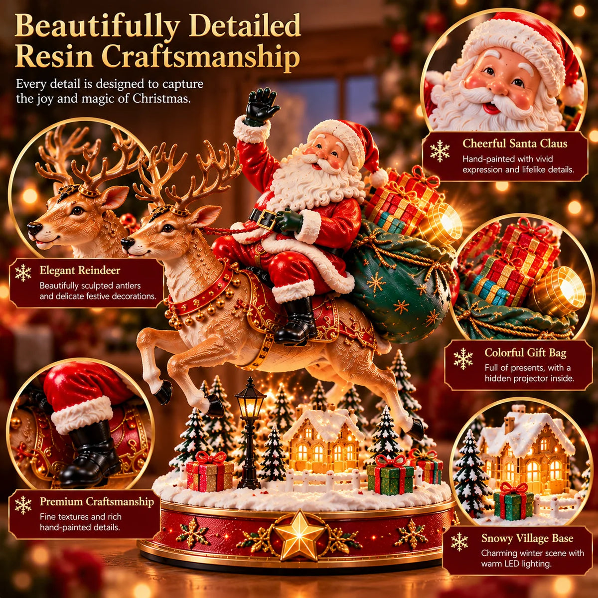🎅✨ Santa’s Magical Christmas Arrival – Lighted Reindeer Figurine with Christmas Music, Magical Projection & Snowy Village Scene