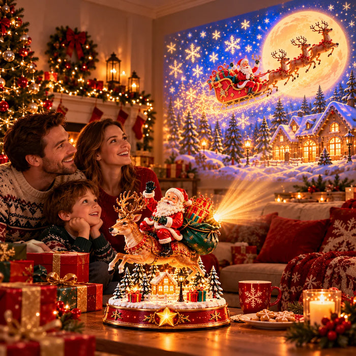 🎅✨ Santa’s Magical Christmas Arrival – Lighted Reindeer Figurine with Christmas Music, Magical Projection & Snowy Village Scene