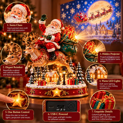 🎅✨ Santa’s Magical Christmas Arrival – Lighted Reindeer Figurine with Christmas Music, Magical Projection & Snowy Village Scene