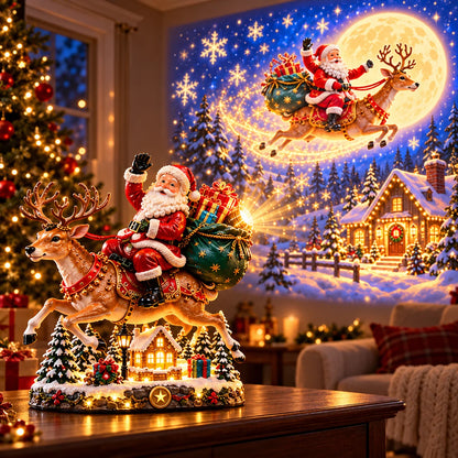 🎅✨ Santa’s Magical Christmas Arrival – Lighted Reindeer Figurine with Christmas Music, Magical Projection & Snowy Village Scene