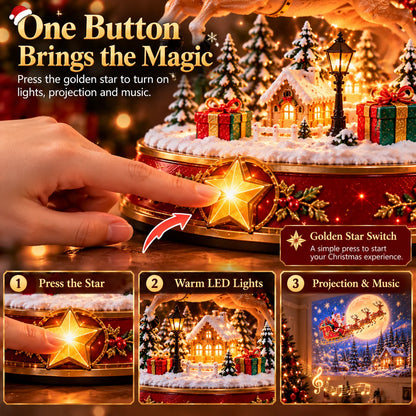 🎅✨ Santa’s Magical Christmas Arrival – Lighted Reindeer Figurine with Christmas Music, Magical Projection & Snowy Village Scene