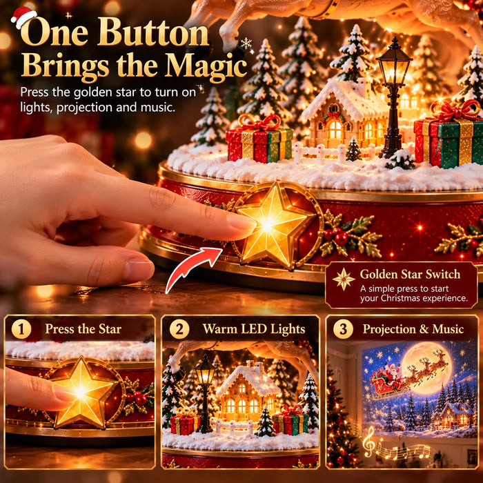 🎅✨ Santa’s Magical Christmas Arrival – Lighted Reindeer Figurine with Christmas Music, Magical Projection & Snowy Village Scene