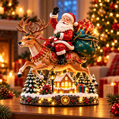 🎅✨ Santa’s Magical Christmas Arrival – Lighted Reindeer Figurine with Christmas Music, Magical Projection & Snowy Village Scene