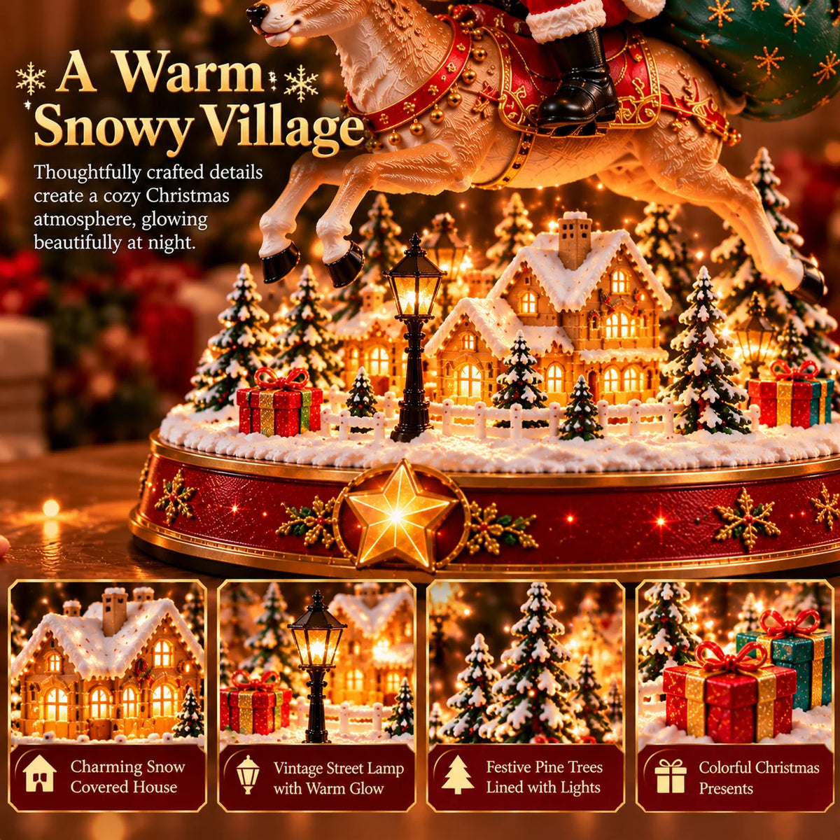 🎅✨ Santa’s Magical Christmas Arrival – Lighted Reindeer Figurine with Christmas Music, Magical Projection & Snowy Village Scene
