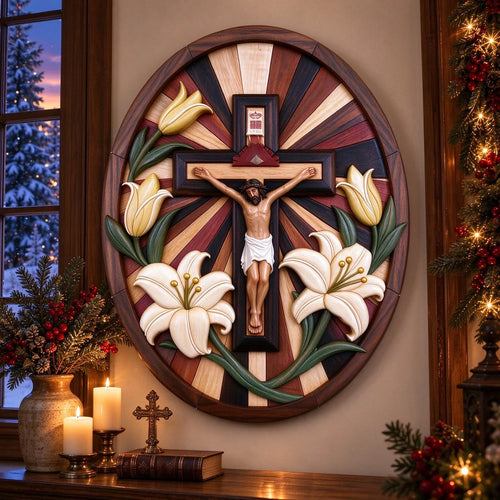 ✝️ Faith & Grace – Jesus Crucifix with White Lilies | Christian Wall Decor