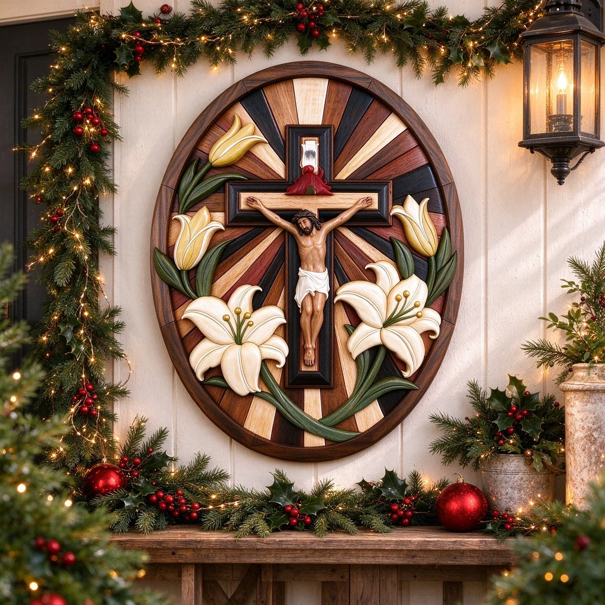 ✝️ Faith & Grace – Jesus Crucifix with White Lilies | Christian Wall Decor