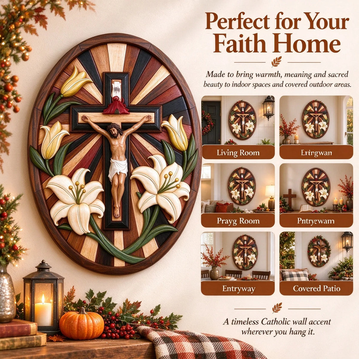 ✝️ Faith & Grace – Jesus Crucifix with White Lilies | Christian Wall Decor