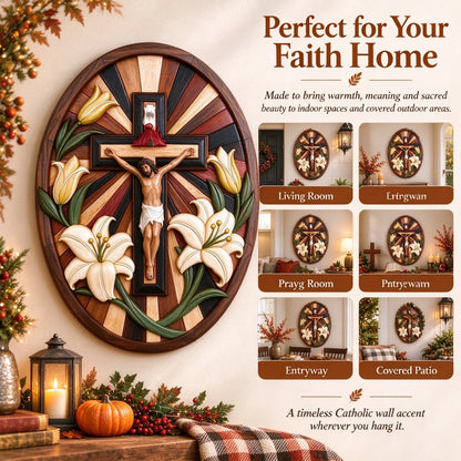 ✝️ Faith & Grace – Jesus Crucifix with White Lilies | Christian Wall Decor